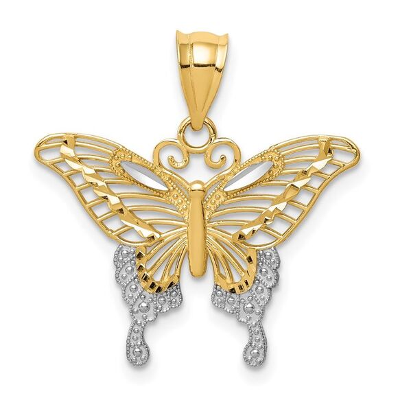 14k Yellow Gold & White Rhodium 22mm Diamond Cut Butterfly Pendant